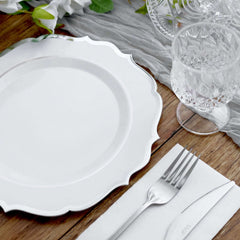 10-Pack Plastic 10" Round Dinner Plates in White with Silver Scalloped Rim - Disposable Party Plates