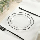 10-Pack Plastic 8" Round Dessert Plates in Clear with Black Scalloped Rim - Disposable Appetizer/Salad Plates