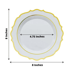 10-Pack Plastic 8" Round Dessert Plates in White with Gold Scalloped Rim - Disposable Appetizer/Salad Plates for Chic Banquets & Special Occasions