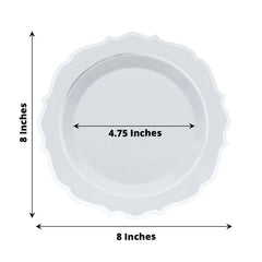 10-Pack Plastic 8" Round Dessert Plates in White with Silver Scalloped Rim - Disposable Appetizer/Salad Plates