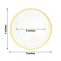 10-Pack Plastic 7" Round Appetizer Plates in Clear with Gold Rim - Sleek Disposable Salad Plates for Banquets & Special Occasions