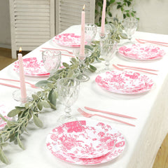 10-Pack French Toile Plastic Party Plates – Pink & White Floral, 10" Round Disposable Dinner Plates