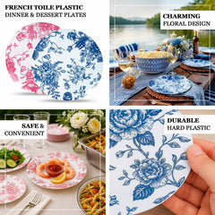 10-Pack French Toile Plastic Salad Plates – Blue & White Floral, 7" Round Disposable Dessert Plates
