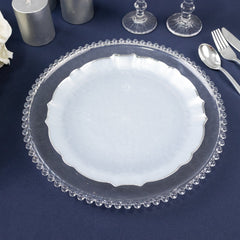 10-Pack Plastic 10" Round Dinner Plates in Pearl White Sunflower with Silver Scalloped Rim - Disposable Party Plates for Classy Events & Banquets