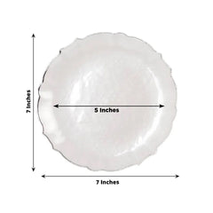 10-Pack Plastic 7" Round Dessert Appetizer Plates in Pearl White Sunflower with Silver Scalloped Rim - Disposable Salad Plates for Classy Events & Banquets