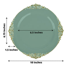 10-Pack Plastic 10" Round Dinner Plates in Dusty Sage Green with Gold Leaf Embossed Rim - Disposable Vintage Baroque Style Plates