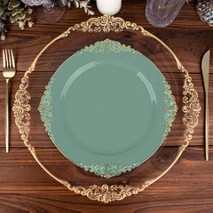10-Pack Plastic 10" Round Dinner Plates in Dusty Sage Green with Gold Leaf Embossed Rim - Disposable Vintage Baroque Style Plates