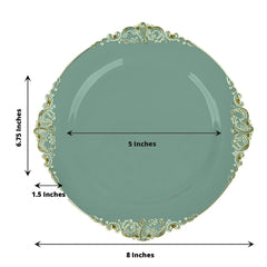 10-Pack Plastic 8" Round Dessert Plates in Dusty Sage Green with Gold Leaf Embossed Rim - Disposable Vintage Baroque Style Salad Plates