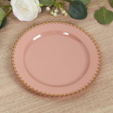 10-Pack Plastic 10" Round Dinner Plates in Dusty Rose with Gold Beaded Rim - Disposable Party Plates for Banquets & Festive Occasions