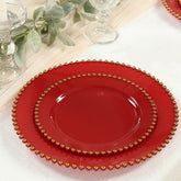 10-Pack Plastic 10" Round Dinner Plates in Red with Gold Beaded Rim - Disposable Party Plates for Banquets & Festive Occasions
