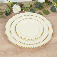 10-Pack Ivory Plastic Dessert Plates – 8" Round with Gold Beaded Rim, Disposable for Parties & Events