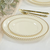 10-Pack Ivory Plastic Dessert Plates – 8" Round with Gold Beaded Rim, Disposable for Parties & Events