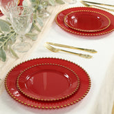 10-Pack Red Plastic Dessert Plates – 8" Round with Gold Beaded Rim, Disposable for Parties & Events