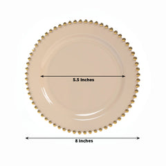 10-Pack Taupe Plastic Dessert Plates – 8" Round with Gold Beaded Rim, Disposable for Parties & Events