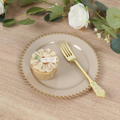 10-Pack Taupe Plastic Dessert Plates – 8" Round with Gold Beaded Rim, Disposable for Parties & Events