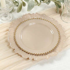 10-Pack Taupe Plastic Dessert Plates – 8" Round with Gold Beaded Rim, Disposable for Parties & Events