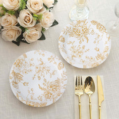 25-Pack Paper 7" Round Dessert Plates in White with Gold French Toile Pattern - Disposable Floral Salad Appetizer Plates for Chic Event Decor