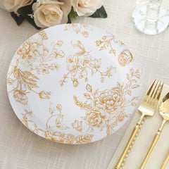 25-Pack Paper 9" Round Dinner Plates in White with Gold French Toile Pattern - Disposable Floral Party Plates for Stylish Events