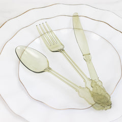 72 Pcs Plastic Silverware Set in Baroque Style Transparent Dusty Sage Green - Heavy Duty Disposable Knife, Fork, and Spoon Set