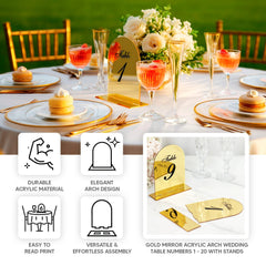 Gold Mirror Arch Acrylic Table Numbers (11-20) - 6"x7" Wedding Reception Signs with Black Print & Stands
