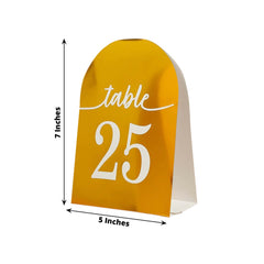 25-Pack 7" Disposable Table Numbers, Metallic Gold Free Standing Double Sided Table Number Place Cards with White Numbers 1-25