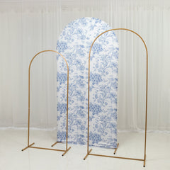 7ft Fitted Spandex Chiara Backdrop Cover – French Toile Blue & White Floral Arch Slipcover for Round Top Wedding Stand