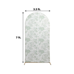 7ft Fitted Spandex Chiara Backdrop Cover – French Toile Dusty Sage Green & White Floral Arch Slipcover for Round Top Wedding Stand