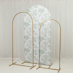 7ft Fitted Spandex Chiara Backdrop Cover – French Toile Dusty Sage Green & White Floral Arch Slipcover for Round Top Wedding Stand
