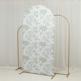 7ft Fitted Spandex Chiara Backdrop Cover – French Toile Dusty Sage Green & White Floral Arch Slipcover for Round Top Wedding Stand