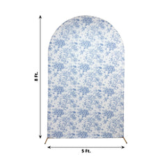 8ft Fitted Spandex Chiara Backdrop Cover – French Toile Blue & White Floral Arch Slipcover for Round Top Wedding Stand