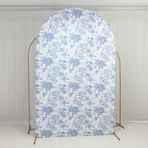 8ft Fitted Spandex Chiara Backdrop Cover – French Toile Blue & White Floral Arch Slipcover for Round Top Wedding Stand