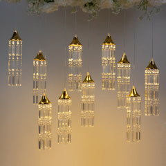 LED Hanging Crystal String Lights – Gold Bell Frame with Prism Pendants, Warm White Plug-in Chandelier Décor