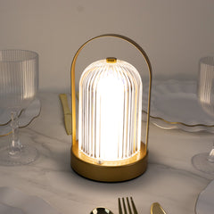 8" Gold Metal LED Table Lamp with Ribbed Acrylic Shade – Cordless USB Rechargeable Touch Control Light with 3 Color Modes