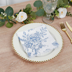 50 Pack 2-Ply Paper Beverage Napkins in Matte Blue and White French Toile Floral Pattern, Highly Absorbent Soft Disposable Cocktail Napkins