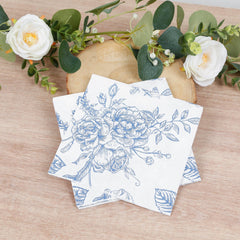 50 Pack 2-Ply Paper Beverage Napkins in Matte Blue and White French Toile Floral Pattern, Highly Absorbent Soft Disposable Cocktail Napkins