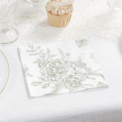 50 Pack 2-Ply Paper Beverage Napkins in Matte Sage Green and White French Toile Floral Pattern, Highly Absorbent Soft Disposable Cocktail Napkins