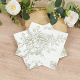 50 Pack 2-Ply Paper Beverage Napkins in Matte Sage Green and White French Toile Floral Pattern, Highly Absorbent Soft Disposable Cocktail Napkins