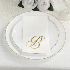 100 Paper Dinner Napkins White with Gold Foil Monogram "B" – 8"x4" Folded, Disposable Party Napkins