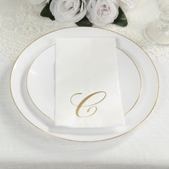 100 Paper Dinner Napkins White with Gold Foil Monogram "C" – 8"x4" Folded, Disposable Party Napkins