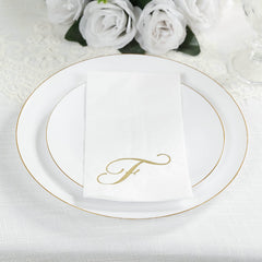 100 Paper Dinner Napkins White with Gold Foil Monogram "F" – 8"x4" Folded, Disposable Party Napkins