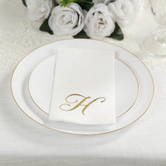 100 Paper Dinner Napkins White with Gold Foil Monogram "H" – 8"x4" Folded, Disposable Party Napkins