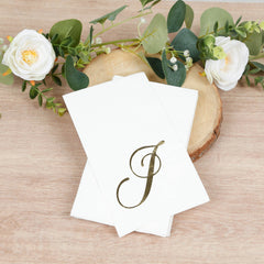 100 Paper Dinner Napkins White with Gold Foil Monogram "J" – 8"x4" Folded, Disposable Party Napkins