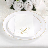 100 Paper Dinner Napkins White with Gold Foil Monogram "L" – 8"x4" Folded, Disposable Party Napkins