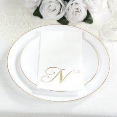 100 Paper Dinner Napkins White with Gold Foil Monogram "N" – 8"x4" Folded, Disposable Party Napkins