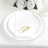 100 Paper Dinner Napkins White with Gold Foil Monogram "P" – 8"x4" Folded, Disposable Party Napkins