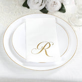 100 Paper Dinner Napkins White with Gold Foil Monogram "R" – 8"x4" Folded, Disposable Party Napkins