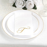100 Paper Dinner Napkins White with Gold Foil Monogram "T" – 8"x4" Folded, Disposable Party Napkins