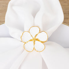 4 Pack White and Gold Metal Flower Napkin Rings, Floral Serviette Buckle Napkin Holder Set - Plum Blossom Design