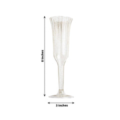 24-Pack Plastic Champagne Flutes Clear Gold Glitter Flared Design - Lightweight Disposable Toasting Glasses 6oz