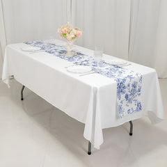 Polyester Table Runner 12"x108" White with Blue French Toile Floral Print - Stylish Reusable Table Décor